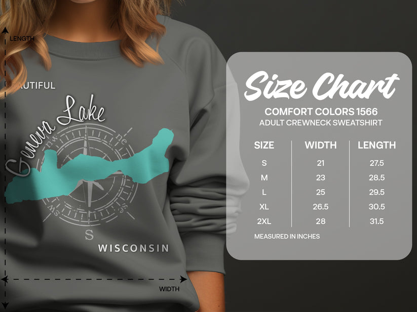 Sweatshirt size chart for Lake Geneva WISCONSIN Comfort Colors 1566.