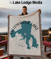 Yellowstone Lake, Wyoming map design on a fringed blanket held by a man.