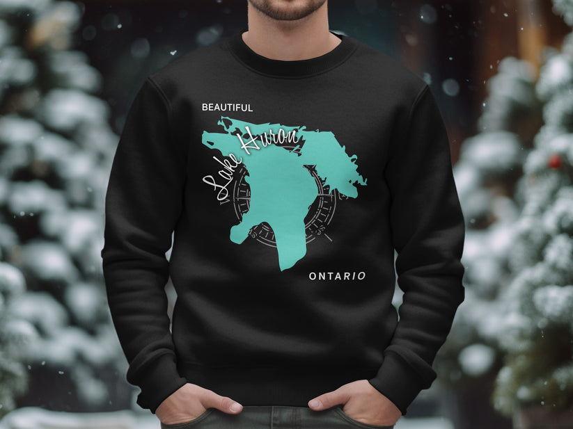 Black sweatshirt with Lake Huron map graphic and "Beautiful Ontario" text.