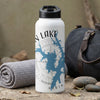 White water bottle with blue lake outline, compass, and text "NORTH"