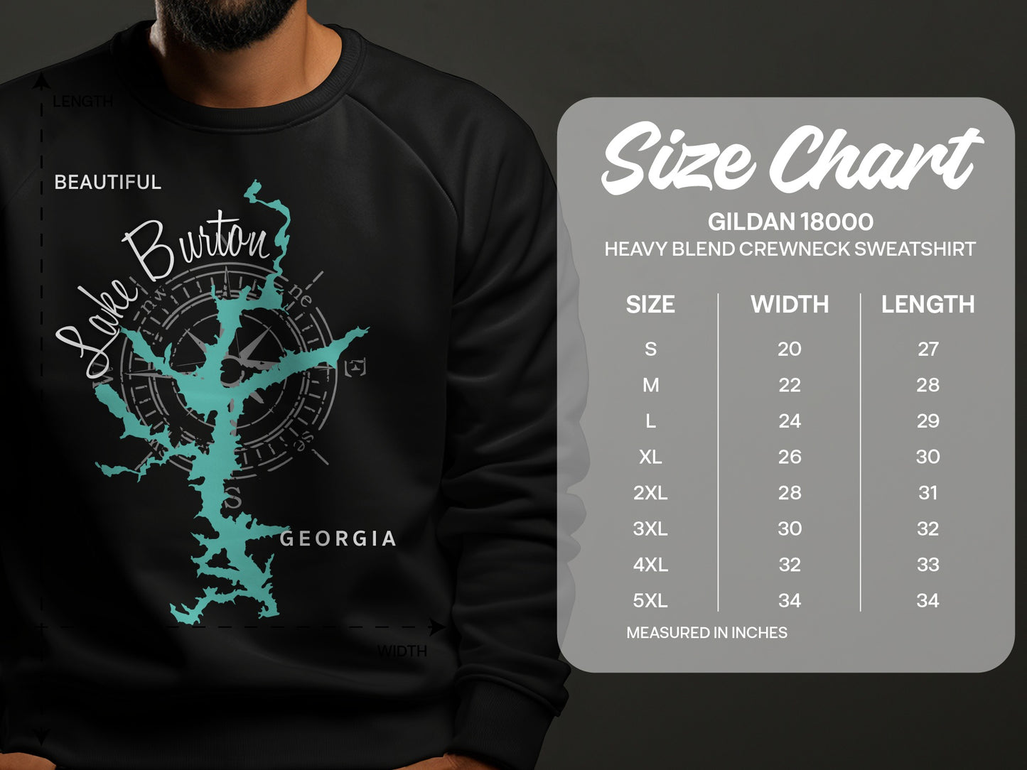 Crewneck sweatshirt with Lake Burton Georgia map and size chart.