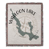 Walloon Lake Michigan map design on a woven blanket with fringed edges.