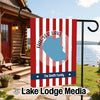 Garden flag with red and white stripes, featuring Hauser Lake map and "The Smith Family".