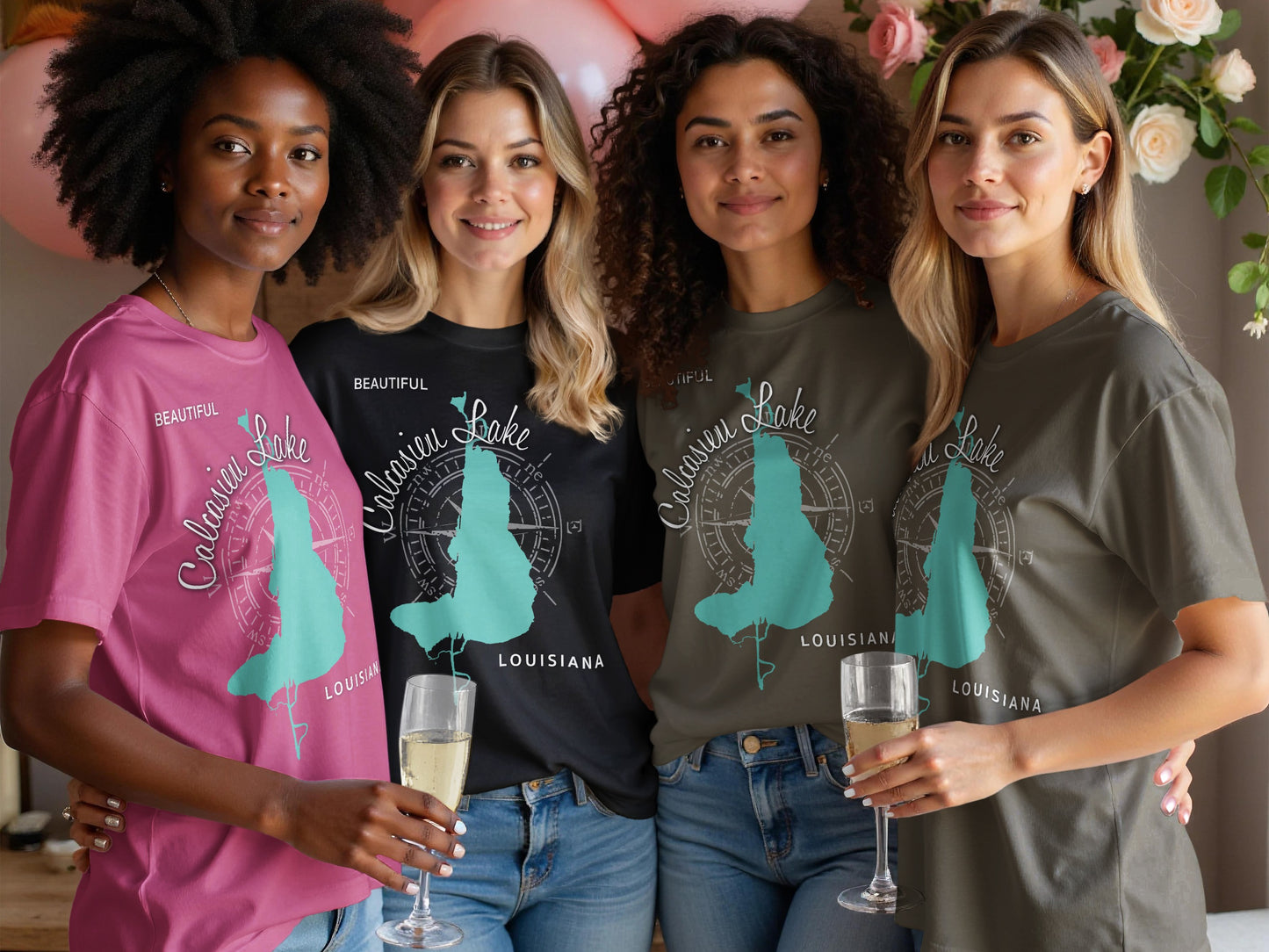 Four women in t-shirts with Calcasien Lake, Louisiana map graphic.