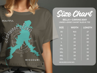 T-shirt with "Lakewood Lakes Missouri" and compass rose graphic, alongside size chart.