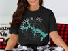 Skiatook Lake Oklahoma map within a compass design on a black t-shirt.