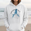 White hoodie with Lakewood Lakes Missouri map design and compass graphic.