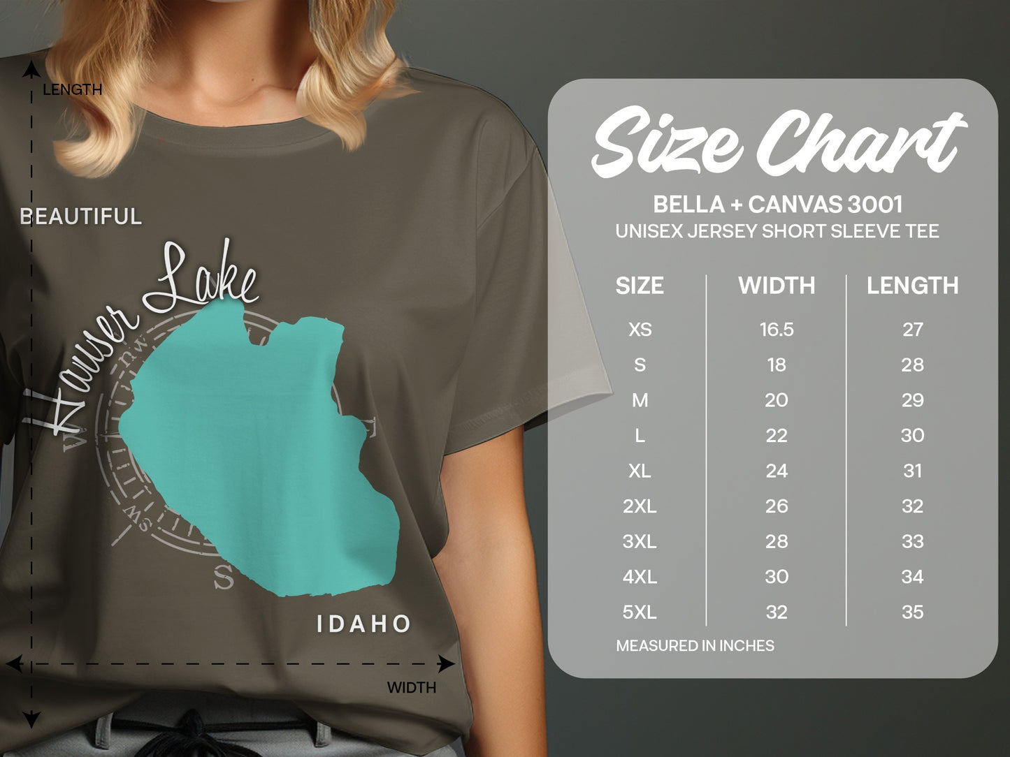 T-shirt displaying Lake Hauser, Idaho outline, and size chart for Bella+Canvas 3001 tee.