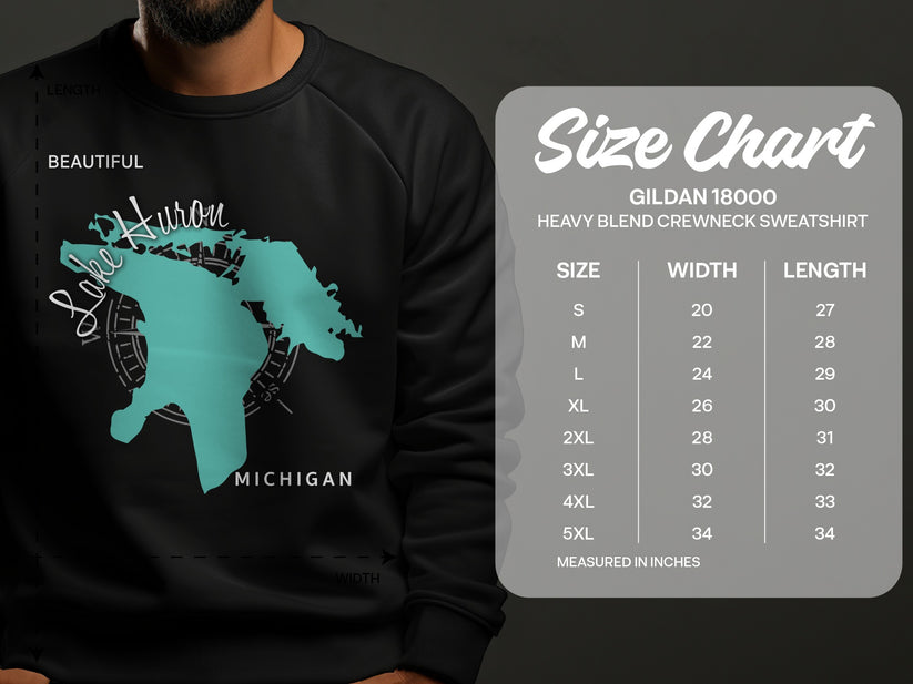 Lake Huron map outline on a grey sweatshirt, with a size chart.