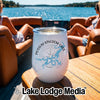 A white tumbler with a Possum Kingdom Lake map design sits on a boat table.