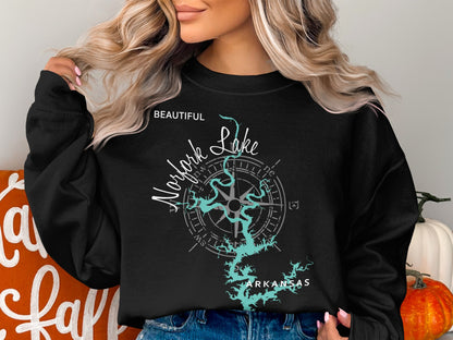 Black sweatshirt with "Beautiful Norfork Lake Arkansas" and compass design.