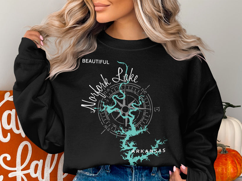 Black sweatshirt with "Beautiful Norfork Lake Arkansas" and compass design.