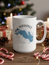 White mug with a blue map of Lake Wawasee, Indiana, and compass graphic.