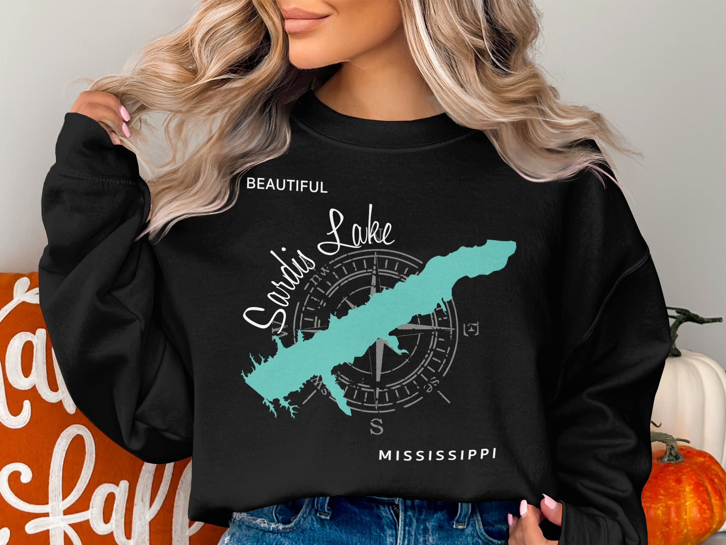 Black sweatshirt with "Beautiful Sardis Lake Mississippi" map and compass graphic.