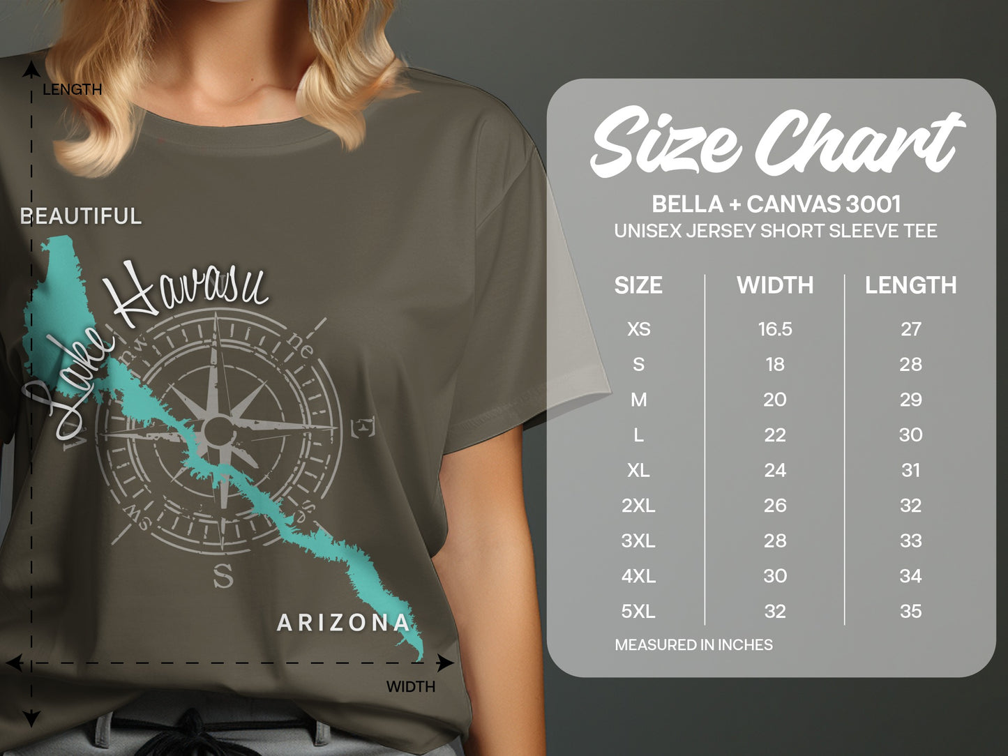 Bella+Canvas 3001 size chart for unisex short sleeve tees with measurements.