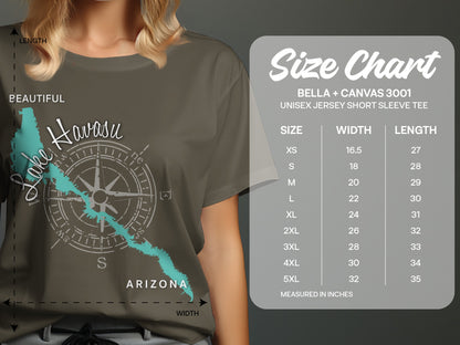 Bella+Canvas 3001 size chart for unisex short sleeve tees with measurements.