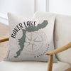 Pillow with Baker Lake Washington map, compass rose, and text.