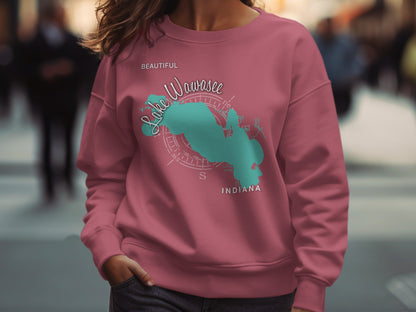 Pink sweatshirt with a teal map of Lake Wawasee, Indiana.