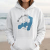 White hoodie with Augur Lake, New York map and compass graphic.