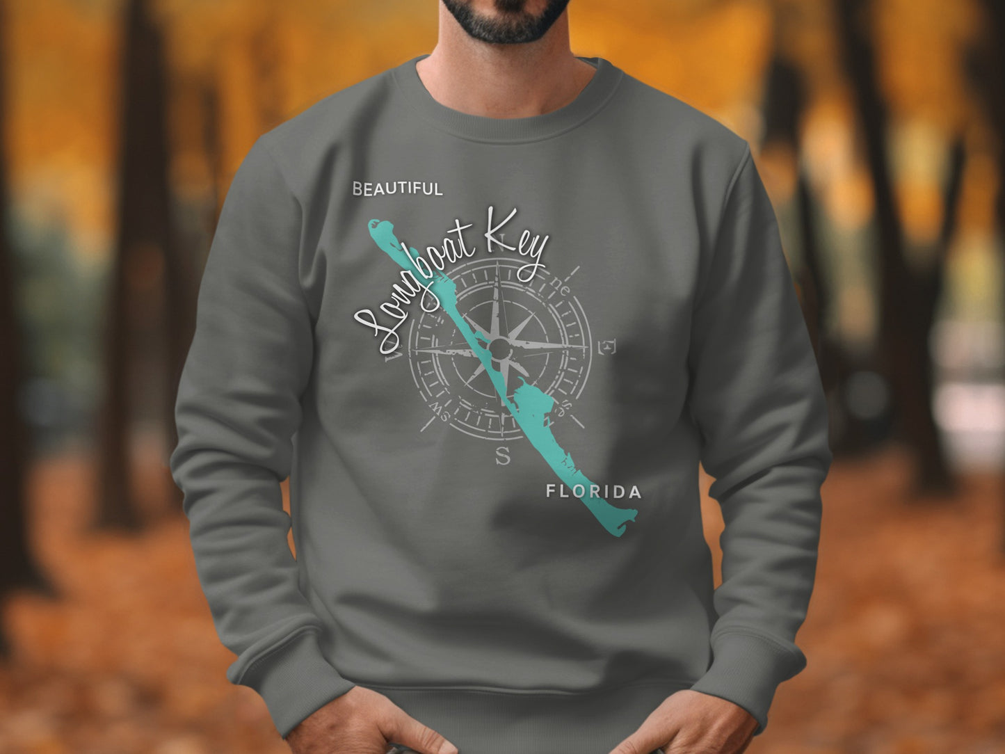 Dark gray sweatshirt with a light blue map of Longboat Key, Florida.