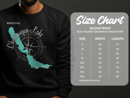 Gildan 18000 sweatshirt size chart with Chautauqua Lake graphic.