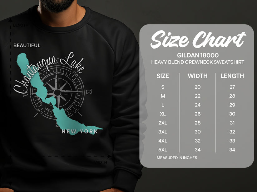 Gildan 18000 sweatshirt size chart with Chautauqua Lake graphic.