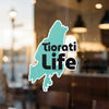 Turquoise sticker outlines a map with black text "Tiorati Life".
