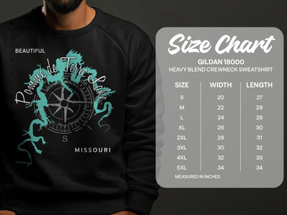Gildan 18000 sweatshirt size chart with dimensions for S-5XL.