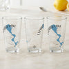 Three clear glasses with blue Lizard Lake map and compass design.