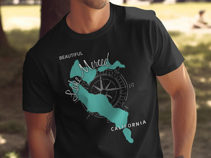 Black t-shirt with turquoise map of Lake Merced, California and compass.