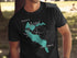 Black t-shirt with turquoise map of Lake Merced, California and compass.