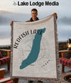 Woven throw blanket with Redfish Lake Idaho map design and fringe.