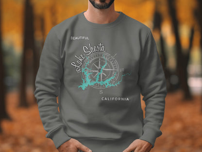Dark grey sweatshirt with "Beautiful Lake Shasta California" and compass design.