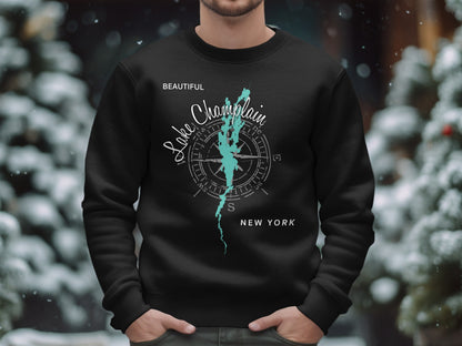 Black sweatshirt with "Beautiful Lake Champlain" and compass design.