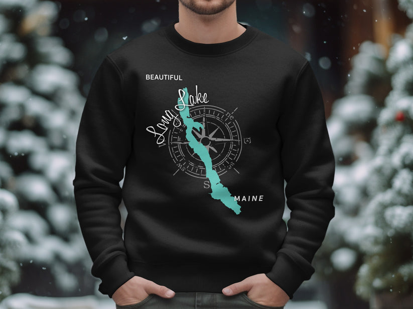 Black sweatshirt with "Long Lake" and Maine map graphic, surrounded by snow.