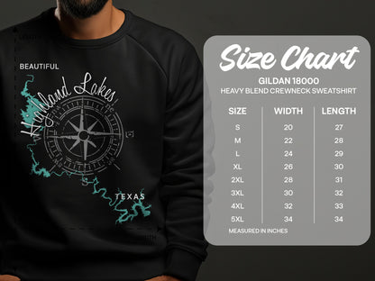 Crewneck sweatshirt with Highland Lakes map graphic and size chart.