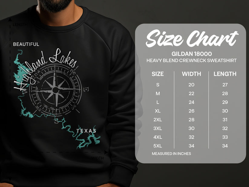 Crewneck sweatshirt with Highland Lakes map graphic and size chart.