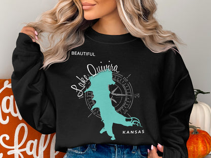 Black sweatshirt with turquoise Lake Quivira, Kansas map and compass graphic.