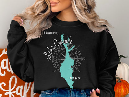 Black sweatshirt with "Beautiful Lake Cascade Idaho" and a turquoise map outline.