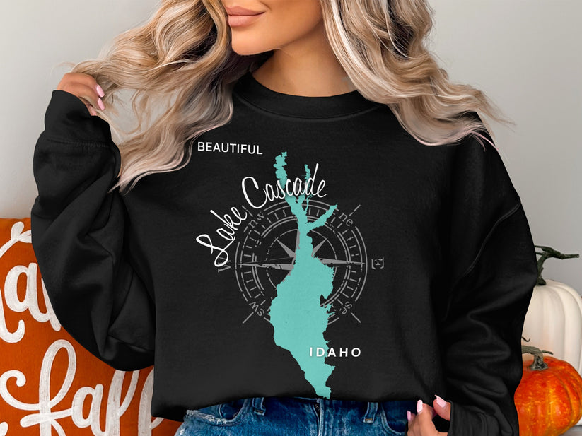 Black sweatshirt with "Beautiful Lake Cascade Idaho" and a turquoise map outline.