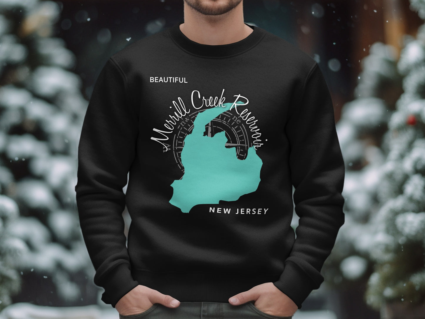 Black sweatshirt with "Merrill Creek Reservoir New Jersey" map graphic.