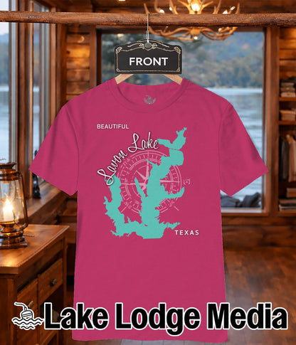 Pink t-shirt with teal compass rose and "Lake Lodge Media" text.
