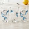 Three clear glasses with a blue map of Lake Lahontan and compass design.