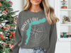 Baker Lake Washington outline and compass graphic on a grey crewneck sweatshirt.