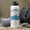 White water bottle with black lid and "Ontario" text over compass graphic.