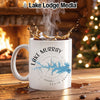 White mug with Lake Murray map design and steam rising.