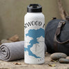 White water bottle with "Clearwater Lake" text, blue lake shape, and compass design.