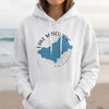 White hoodie with a blue Lake Winnipesaukee map graphic and text.