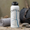 White water bottle with "KENAY LAN" and a blue lake map design.