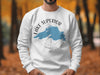 White sweatshirt with a blue outline of Lake Superior and compass design.